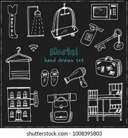 Hostel Hand drawn doodle set. Vector illustration. Isolated elements on blackboard background. Symbol collection.
