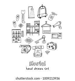 Hostel Hand drawn doodle set. Vector illustration. Isolated elements on white background. Symbol collection.
