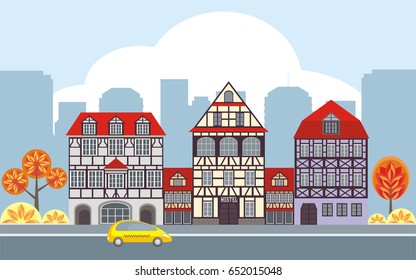 Hostel in the historical center of large European cities. Vector illustration.