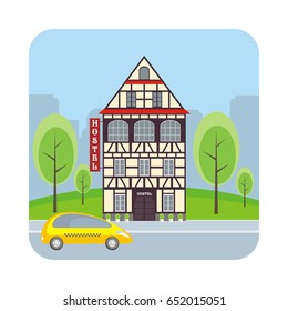 Hostel in the historical center of large European cities. Vector illustration.