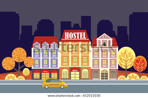 Hostel in the historical center of large\
European cities. Vector\
illustration.