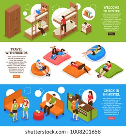 Hostel horizontal isometric banners with bunk beds, travel with friends, check-in in guesthouse isolated vector illustration 