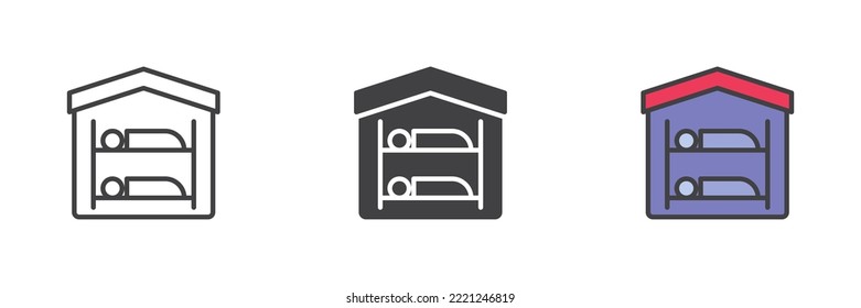 Conjunto de iconos de estilo diferente del hotel Hostel. Línea, glifo y contorno relleno versión colorida, contorno y signo vectorial relleno. Símbolo, ilustración del logotipo. Gráficos vectoriales