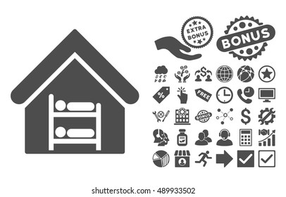 Hostel icon with bonus images. Vector illustration style is flat iconic symbols, gray color, white background.