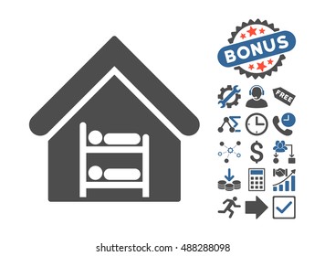 Hostel icon with bonus pictogram. Vector illustration style is flat iconic bicolor symbols, cobalt and gray colors, white background.