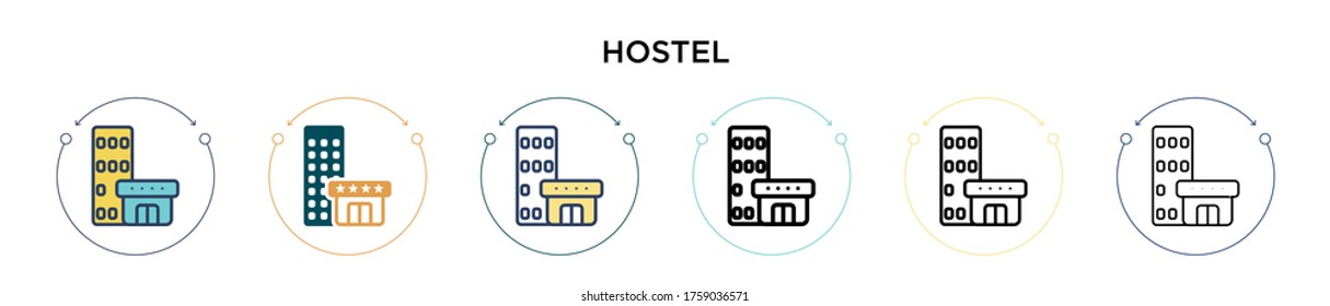 Hostel icon in filled, thin line, outline and stroke style. Vector illustration of two colored and black hostel vector icons designs can be used for mobile, ui, web