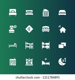 hostel icon set. Collection of 16 filled hostel icons included Sleep, Bed, House, Pillows, Bunk, Bunk bed, Pillow, Double bed, Single