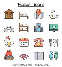 Hostel icon set in color line style