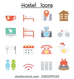 Hostel icon set  in flat color style