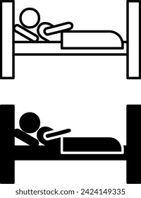 Hostel icons. Black and White Vector Icons. Sleeping Man in Bed with Blanket and Pillow. Travel and Vacation Concept
