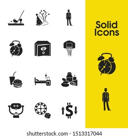 Hostel icons set with alarm, hotel room and exchange elements. Set of hostel icons and tee concept. Editable vector elements for logo app UI design