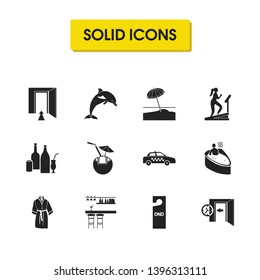 Hostel icons set with checkout time, dolphin and taxi elements. Set of hostel icons and training concept. Editable vector elements for logo app UI design.