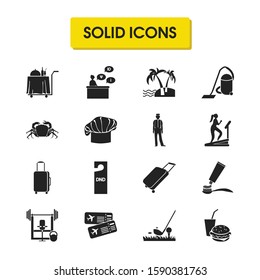 Hostel icons set with chef hat, hotel worker and crab elements. Set of hostel icons and support concept. Editable vector elements for logo app UI design.