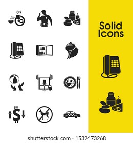 Hostel icons set with exercise equipment, telephone and no animals elements. Set of hostel icons and policeman concept. Editable vector elements for logo app UI design.