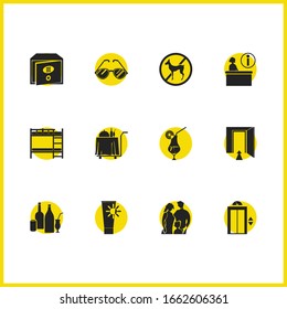 Hostel icons set with exit, reception and family elements. Set of hostel icons and door concept. Editable vector elements for logo app UI design.