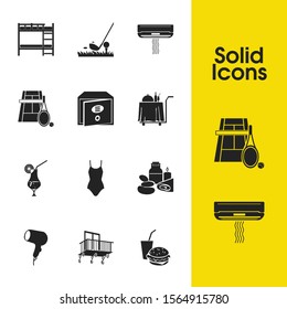 Hostel icons set with hotel food delivery, spa and tennis court elements. Set of hostel icons and swimwear concept. Editable vector elements for logo app UI design.