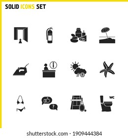 Hostel icons set with reception, weather and feedback elements. Set of hostel icons and flame safety concept. Editable vector elements for logo app UI design.
