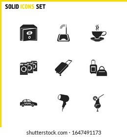 Hostel icons set with router, taxi and hairdryer elements. Set of hostel icons and vault concept. Editable vector elements for logo app UI design.