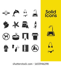 Hostel icons set with starfish, router and hanger with trowel elements. Set of hostel icons and mollusk concept. Editable vector elements for logo app UI design.