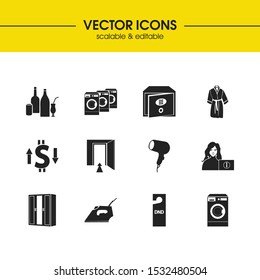 Hostel icons set with washing machine, exit and exchange elements. Set of hostel icons and receptionist concept. Editable vector elements for logo app UI design.