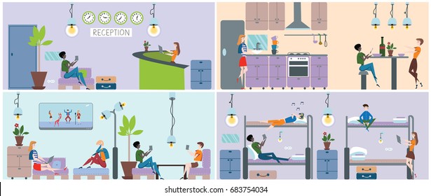 Hostel interior set. Reception, kitchen, lounge and bedroom with hotel customers. Vector illustration in flat style.