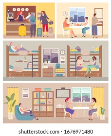 Hostel Interior for tourist. People settle in hostelry, living, sleeping, eating on hand drawn vector illustration. Hosteller study in academic year. Locate in bedroom, reception, cupboard, dining.