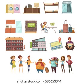 Hostel isolated retro icons set in cartoon style with backpackers guesthouse buildings and elements of hotel interior flat vector illustration