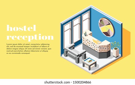 Hostel isometric background with reception rack for guest meeting and registration 3d vector illustration