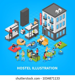 Hostel isometric composition with building outside, bunk beds, reception desk, rest zone on blue background vector illustration