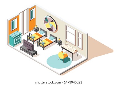 Hostel isometric composition of guest room interior with two beds tv chest and coffee table vector illustration