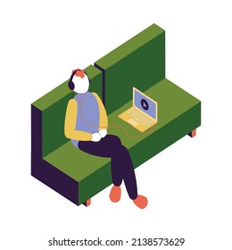 Hostel isometric composition with isolated character of guest sitting on sofa listening to music in laptop vector illustration