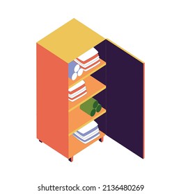 Hostel isometric composition with isolated image of cabinet with spare wipes and blankets on blank background vector illustration