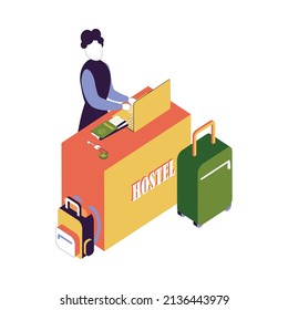 Hostel isometric composition with isolated view of reception counter with keys passports and female receptionist vector illustration