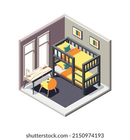 Hostel isometric composition with isolated view of indoor interior on blank background vector illustration