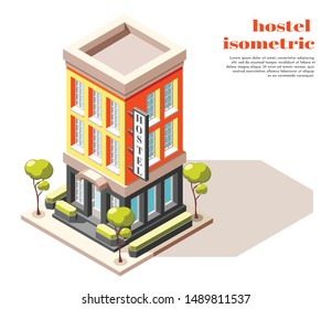 Hostel isometric composition of modern multistory building with signboard trees and city infrastructure vector illustration 