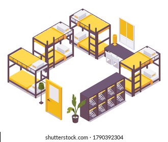 Hostel isometric set with bunk beds and lockers. 3d interior example in vibrant colors isolated on white