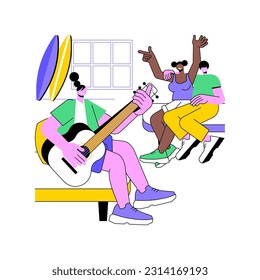 Hostel life isolated cartoon vector illustrations. Smiling people have fun with guitar in the hostel during concept tour, traveling with friends, surf camp holidays vector cartoon.