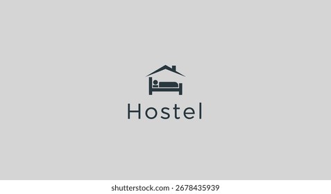 Hostel logo design, simple and modern, with a bed inside a house-shaped icon. The word "Hostel" is written below the icon.