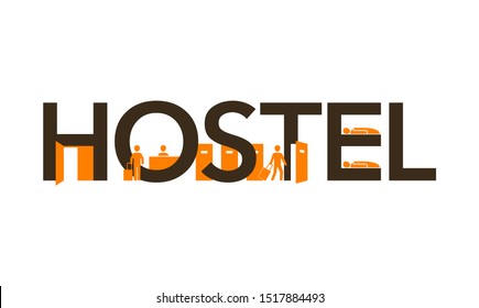 Hostel logo for reception signboard  banner with creative decoration - small silhouettes of reception,arriving tourist and sleeping room.