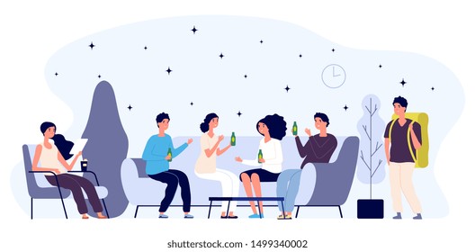 Hostel lounge concept. Happy young people flat characters, tourist. Lounge room vector illustration