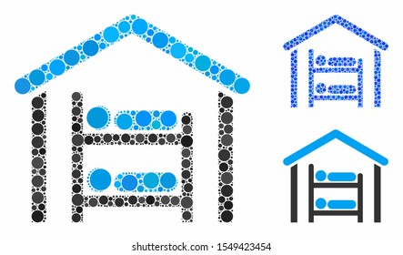 Hostel mosaic of filled circles in variable sizes and color tinges, based on hostel icon. Vector filled circles are combined into blue mosaic. Dotted hostel icon in usual and blue versions.