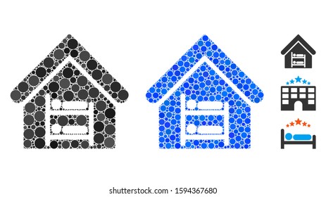 Hostel mosaic of round dots in variable sizes and color tones, based on hostel icon. Vector round dots are combined into blue collage. Dotted hostel icon in usual and blue versions.