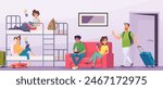 Hostel open space room with students sleeping sitting playing walking reading