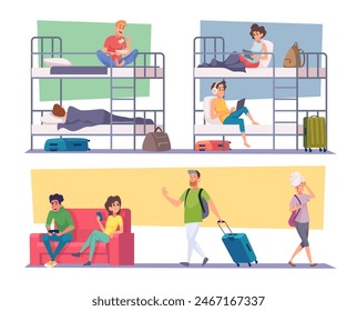 Hostel people. Travelers lifestyle sleeping relax eating in hostel open space rooms exact vector cartoon illustration