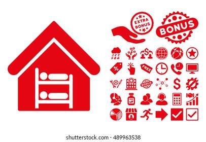 Hostel pictograph with bonus design elements. Vector illustration style is flat iconic symbols, red color, white background.
