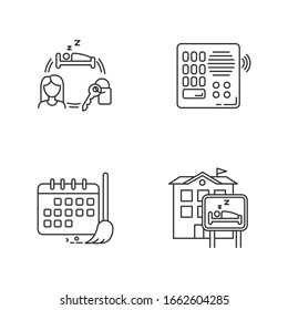 Hostel pixel perfect linear icons set. Renting room for night. Intercom. Security. Cleaning schedule. Customizable thin line contour symbols. Isolated vector outline illustrations. Editable stroke