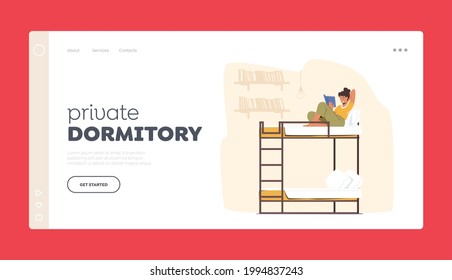 Hostel, Private Dormitory Landing Page Template. Female Character Sitting with Book on Bunk Bed in Room. College or University Student Lifestyle, Studying and Relax. Cartoon People Vector Illustration