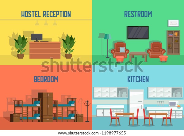 Hostel and Real\
Estate Service. Hostel Reception, Restroom, Bedroom, Kitchen. Real\
Estate Agency Concept. Apartment Interior in Hotel. Booking Hostel.\
Vector Flat\
Illustration.