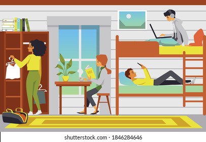 Hostel Room Interior With Cartoon People In Bunk Bed, Reading Or Using Shared Space. Vector Illustration Of Roommates In Small Hotel Or College Dorm.