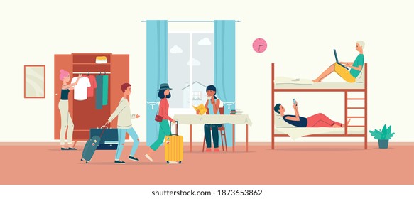 Hostel room interior with cartoon people and bunk beds. Traveler tourists in cheap modern hotel dorm, flat vector illustration of crowded living space